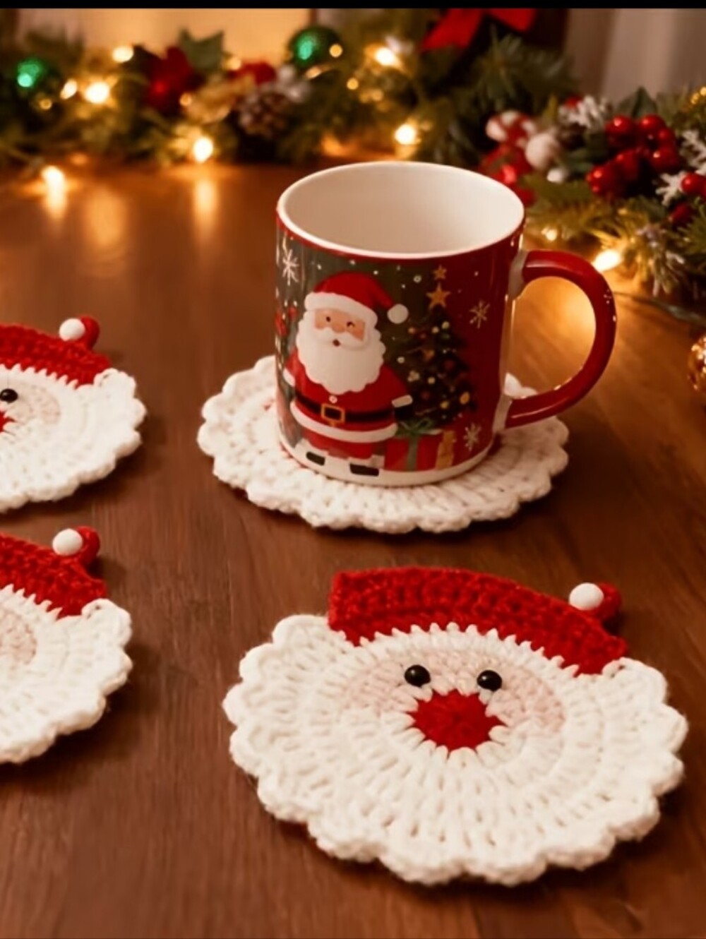 4 Piece Handmade Crochet Santa Claus Coasters. NWT.